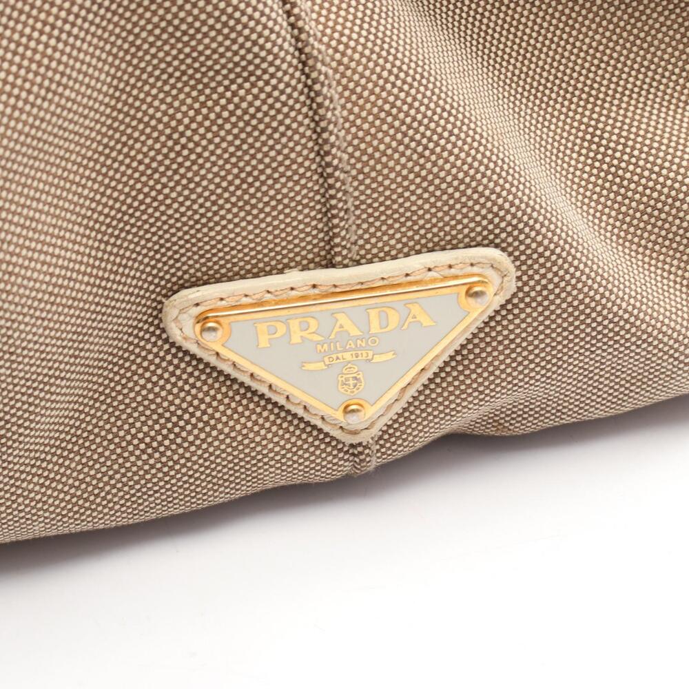 Prada Tote Canvas Bag Beige White Tan Leather Green Jacquard Logo - Picture 5 of 5